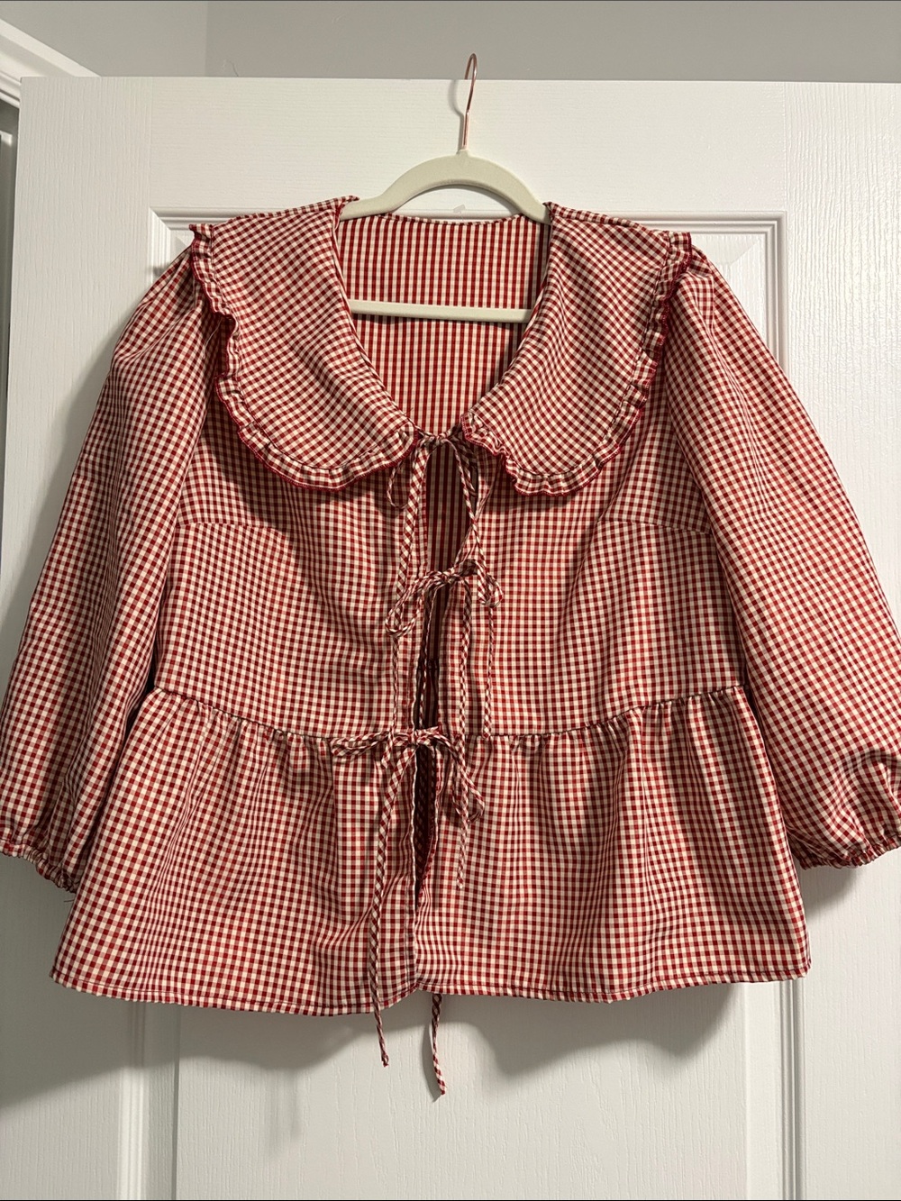 Red Gingham Tie-Front Peplum Top